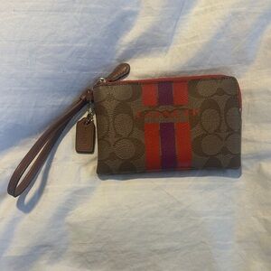 Coach Brown Wristlet with Red and Purple Accents
